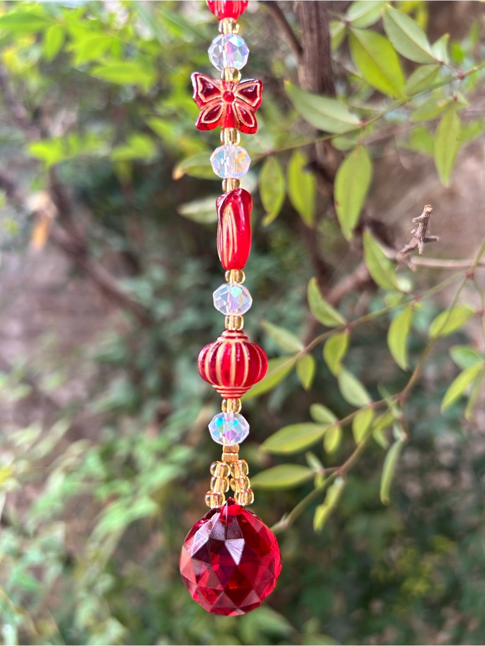 9.25” red bow prism crystal beaded small suncatcher sun charm decor